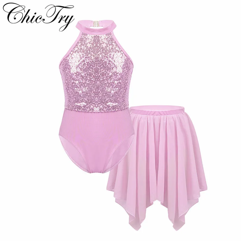 

Fashion Sequins Girls Halter Neck Ballet Dance Gymnastics Leotard with Irregular Hem Chiffon Skirt Outfit Set Ballet Class Dress