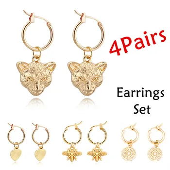 

4Pairs New Heart Leopard Bee Hoop Earrings Set For Women Men Vintage Simple Gold Color Hollow Round Small Stud Earrings Jewelry