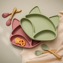 

Baby Dinner plate children cartoon tableware set kid dinner plate baby training spoon fork for dropping 3Pcs set
