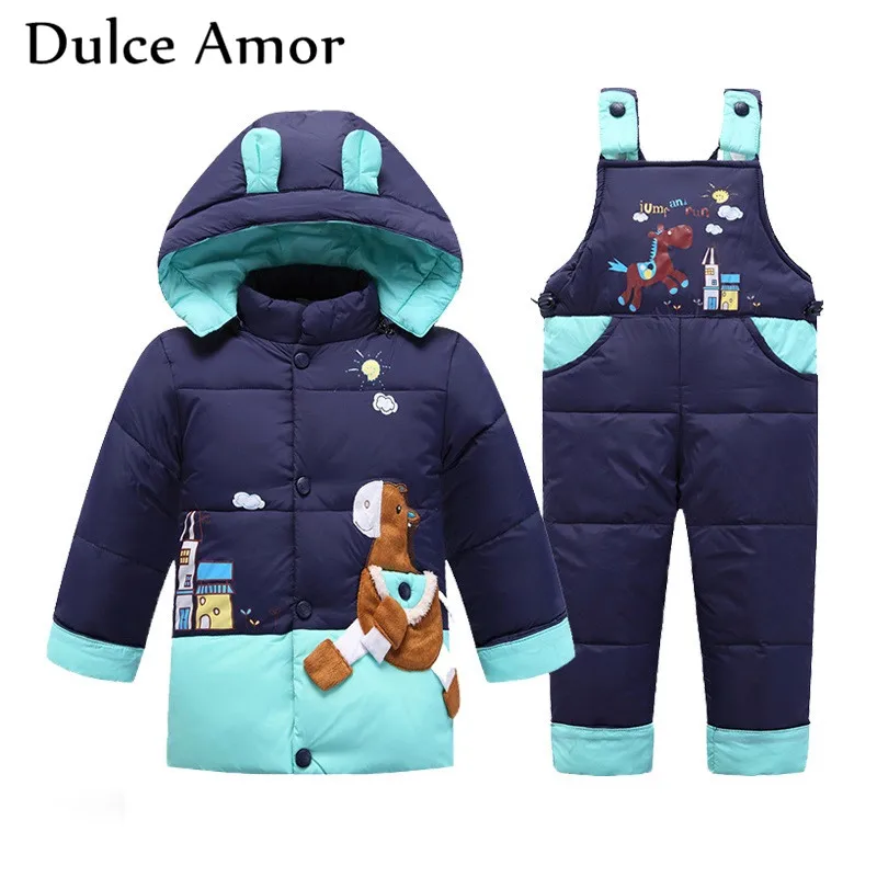 dark blue Dulce Amor/зимний детский теплый пуховик, комплект с рисунком рыбы, зимний комбинезон, парка+ комбинезон для маленьких мальчиков и девочек до-30 градусов, верхняя одежда - Цвет: dark blue