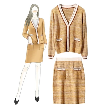 

2019 Winter Fashion European New Style Knitted Suit V-Neck Long Sleeves Sweater Tops And Matching Skirt 2 Piece Set Women