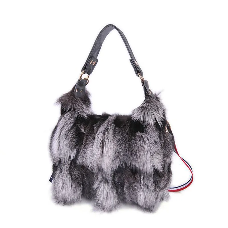 Women Winter Real Fox Fur Handbag Luxury Genuine Fur  Party Bag Tote Designer High Quality Real Silver Fox Fur Handbags Female 3