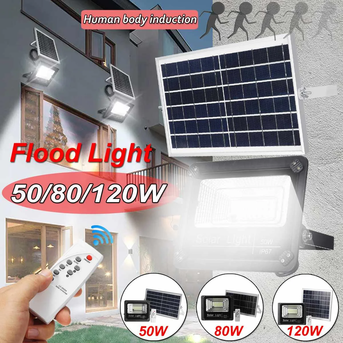 120/80/50w Motion Sensor Veranda LED Solar Flood Light Outdoor Tuin Beveiliging Lamp Waterdicht Straat licht met RC