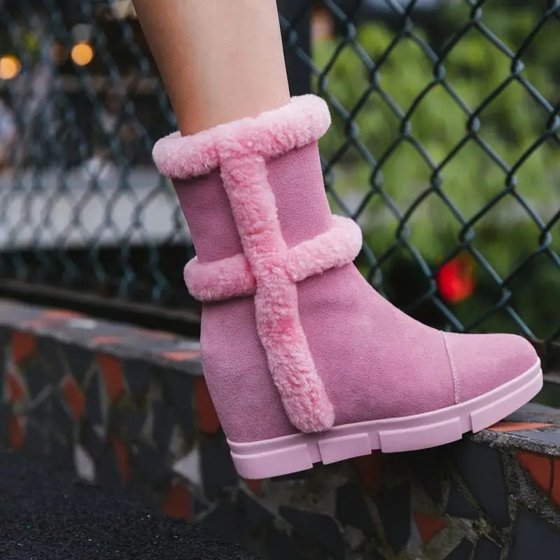 EGONERY Rabbit wool snow boots cute pink platform warm ankle boots fashion winter outdoor zipper black women's shoes