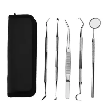 

5pcs/set Dental Tool Kit Stainless Steel Teeth Tartar Scraper Mouth Mirror Tweezer Dentist Pick Teeth Scaler Clean Kit with Case