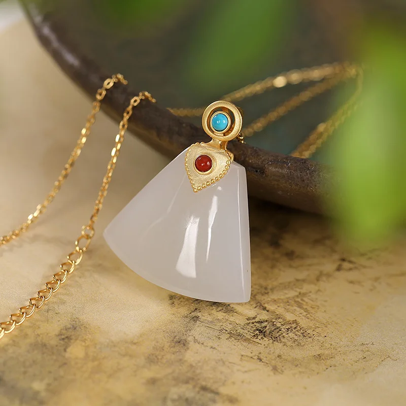 

S925 Sterling Silver personalized geometric high grade lady pendant and Tianyu white jade temperament with chain link