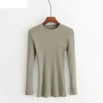 

1pc New Simple Slim Crop Tops T-shirt Solid Color Female Shirt Women Round Neck Ribbed Long Sleeve Fit Bottoming Autumn Thirt
