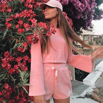

Women Corduroy Pink Two Piece Set Ladies Bow Flare Sleeve Shirt Top + Short Pants Kawaii Cute Female Tracksuit Set Loose Outfit