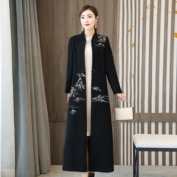 

Winter Long Coats For Winter For Women Large Plus Size 3xl Woolen National Style Embroidery X-long V-neck Cashmere Coat Black