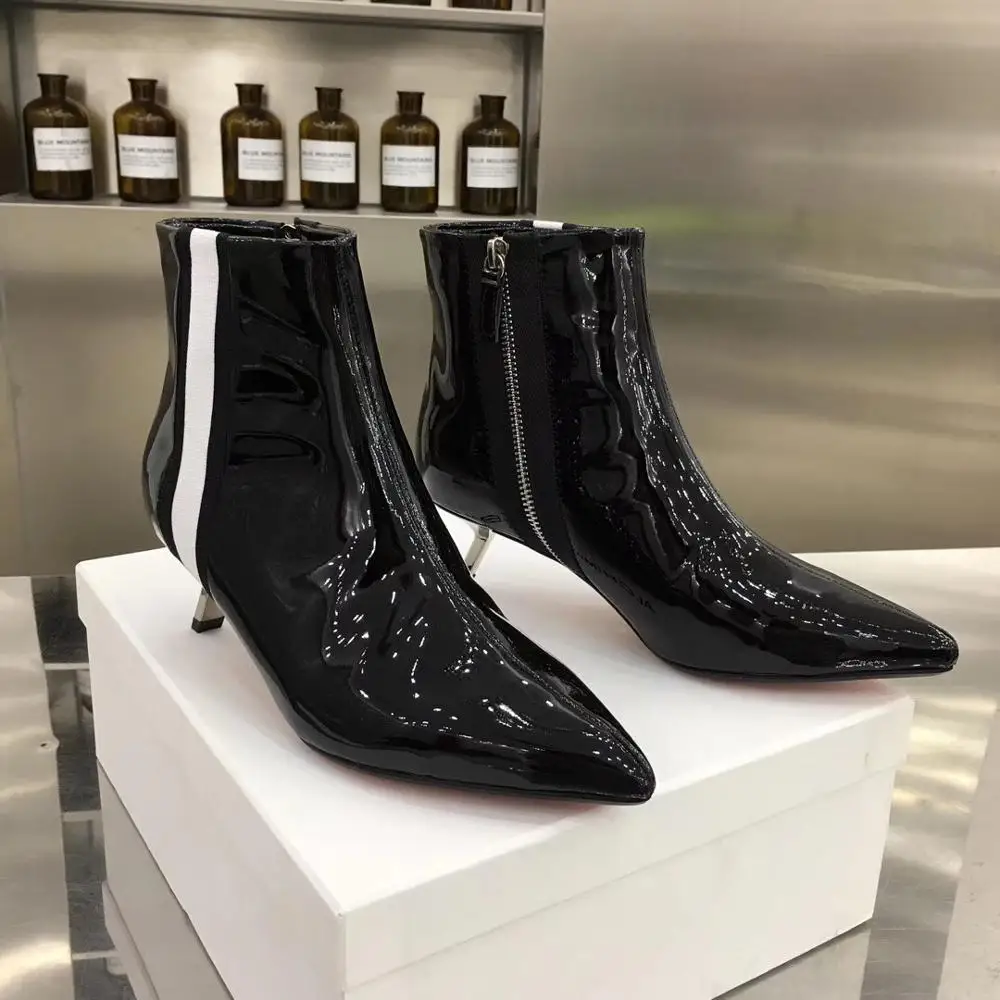 Женская обувь на молнии; Botas scarpe donna; острый носок; chaussures femme; лакированная кожа; Botas Mujer; женские ботинки на среднем каблуке в полоску - Цвет: AS SHOW