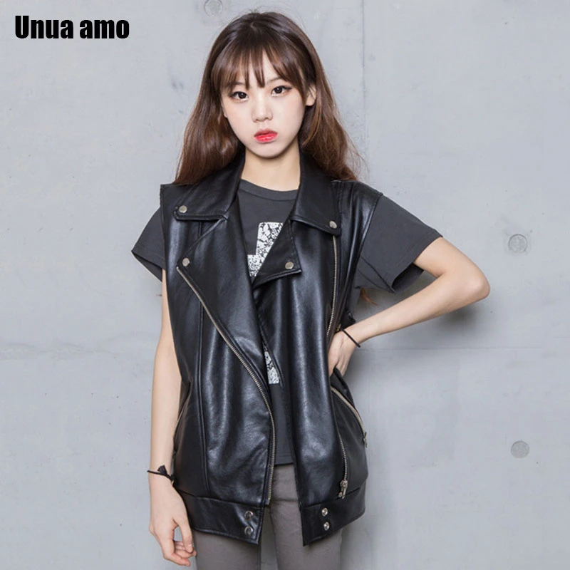 

Unua amo Sleeveless Biker Jacket Female Fashion Turn-down Collar Motorcycle Waistcoat 2020 Black Soft Faux Leather Vests Women