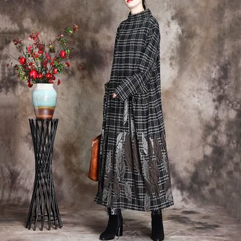 

Autumn And Winter Women's Art Retro Wool Lattice Printing Dress Loose Large Size Folk-Custom