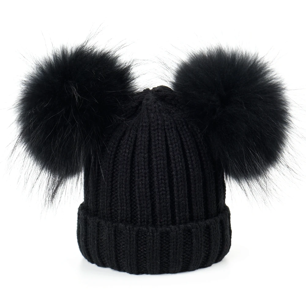 15cm pompoms Наряд для родителей и ребенка с двойным натуральный мех помпонами меховая шапка Для женщин шерстяные вязаные круглые шапки без полей для дамы детские вязаные головные уборы Skullies Кепки зимние из натурального меха енота - Цвет: 15cm pompoms