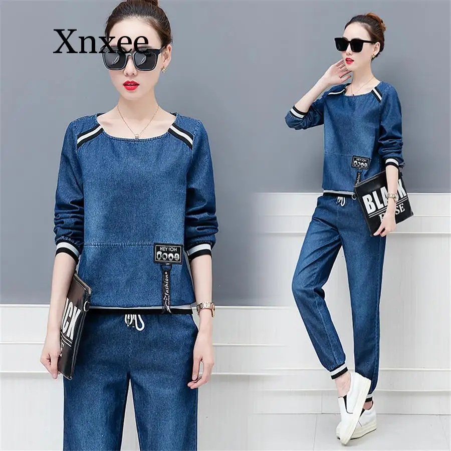 spring Autumn New casual  denim 2 piece set suit female fashion students long pants sportswear women M-4XL