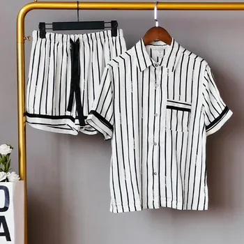 

New Short-Sleeved Shorts Pijamas Women Fresh Stripe Pijama Simple Satin Pajamas White 2 Piece Sleepwear Home Clothes Sleep Tops