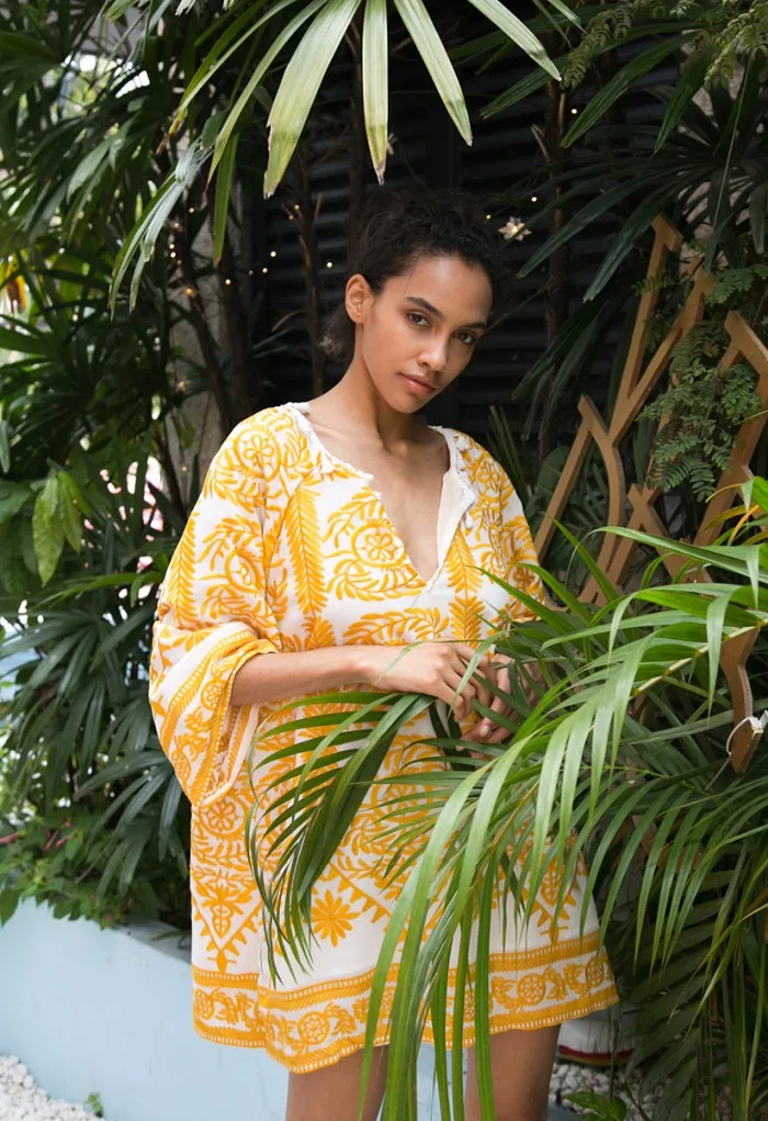 Boho Embroidered Dress in Yellow 3/4 flare sleeve mini summer dress V-neck holiday chic ukraine women dress tassle gypsy vestido