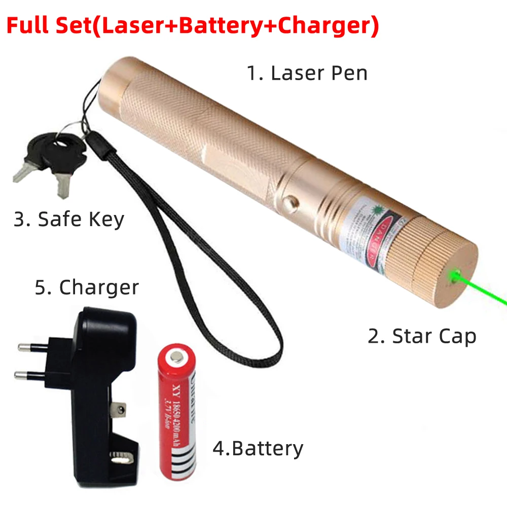 Зеленая лазерная указка Тактический 532 нм 5 мВт мощное устройство Регулируемый фокус лазеры 303 зеленая точка света лазер с батареей - Цвет: Gold Set