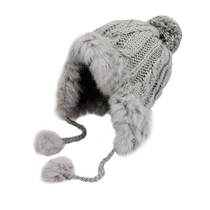 Женские зимние милые наушники Skullies Beanies, новинка, натуральный мохер, кроличий мех, трикотажные шапки для девочек Lei Feng, шапка - Цвет: Серый