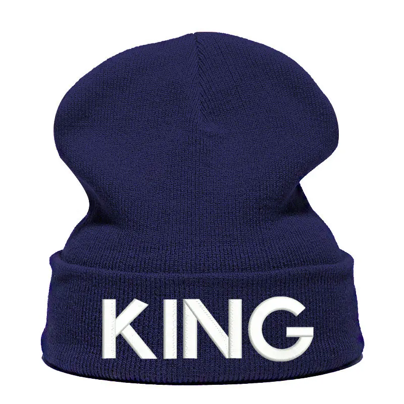 King Letter Beanie Hat Skullie шапка, вязаная шапка-носок зимняя Осенняя вязаная вышивка Кепка в стиле хип-хоп Мужская и женская Подростковая Кепка для уличных танцев черная