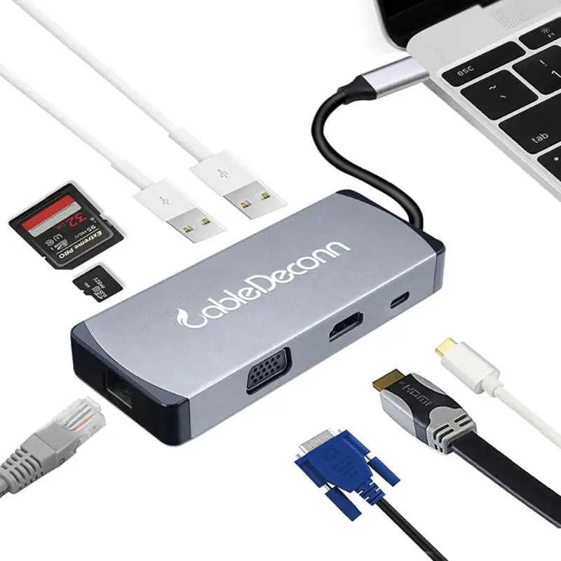 Cabledeconn 8 в 1 концентратор USB C к HDMI+ VGA+ USB 3,0+ RJ45+ type C PD адаптер конвертер для Macbook Pro Dell XPS