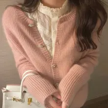 

Autumn Women Knit Sweater Lady Fashion Knitted Tops Winter Solid Colors O-Neck Casual Apricot Cardigans Sweet Warm Thick Tops