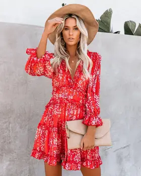

New Arrive Red Homecoming Dresses Chiffon Long Sleeves A Line Mini Graduation Fashion Printed Party Dress Junior Gown In Stock