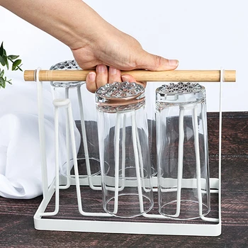 

Household Upside Down Cup Rack Water Cup Hanger Glass Cup Coffee Cup Mug Storage Shelf Container Drying Rack with Wood Handle
