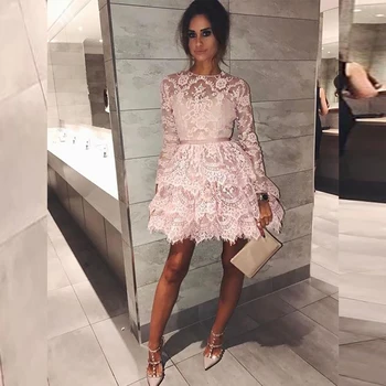 

Pink Prom Dresses Long Sleeves Evening Dress Robe De Soiree Wedding Party Guest Dress Elegant Short Party Dress