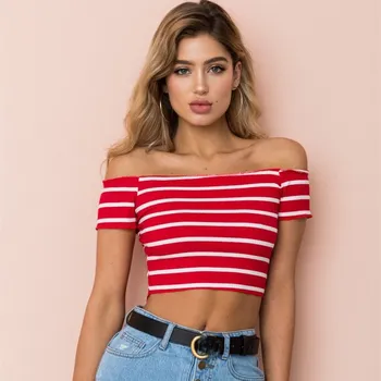 

Madam clothing OLWPIRNCESS 2018 Summer Striped Horizontal Neck Short-Sleeved Top Leisure Short Sleeves