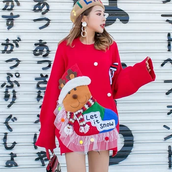 

SexeMara fashion The New Loose Christmas Cartoon Mesh splice Sleeve knitting Sweater free shipping