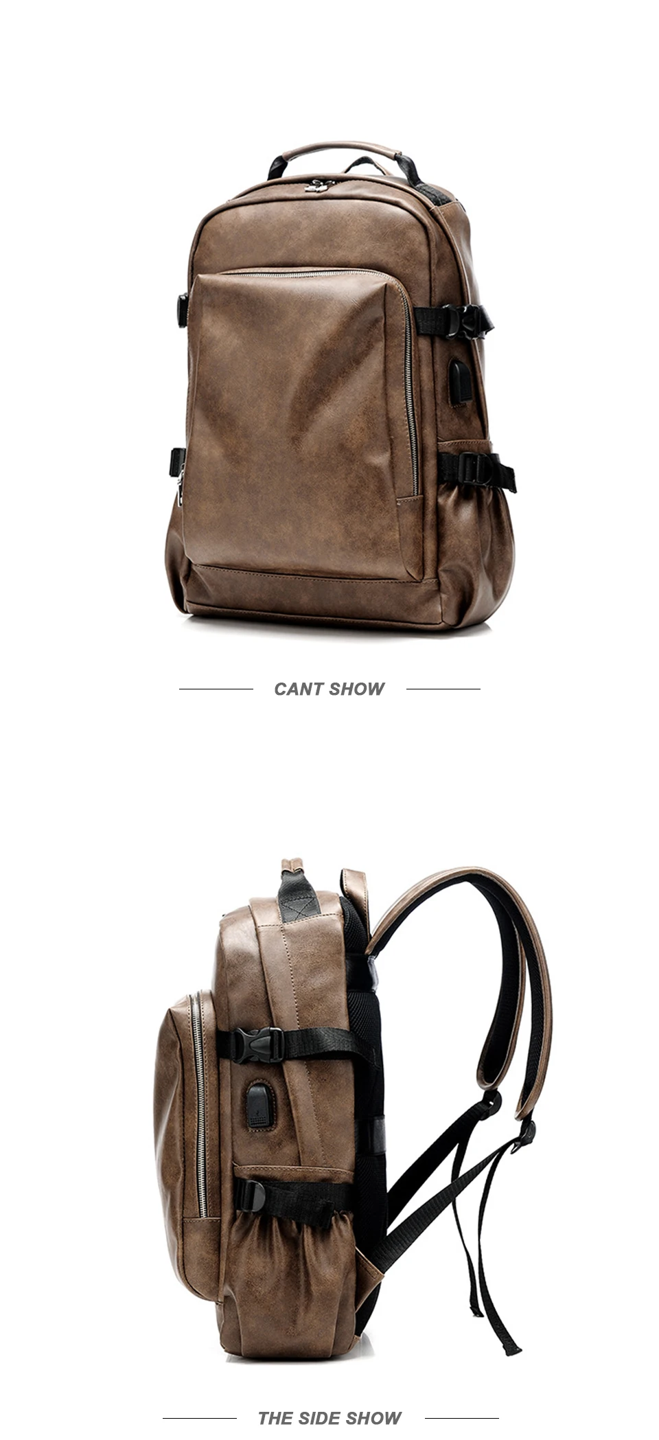 PU Leather Backpack USB Charger Men Bag Male Back Pack School Student Waterproof Laptop Bags Notebook Man 15.6 for Teenager Boys (10)