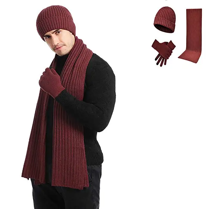wine red 3 шт./компл. зимняя шапочка-шарф перчатки с сенсорным экраном вязаная шапка набор унисекс для мужчин женские тапки шарф и перчатки шапка набор подарок - Color: wine red