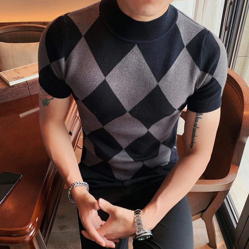 British Style Autumn Winter Short Sleeve Sweater Men Clothing Fashion Diamond Lattice Turtleneck All Match Casual Slim Pullovers black turtleneck mens