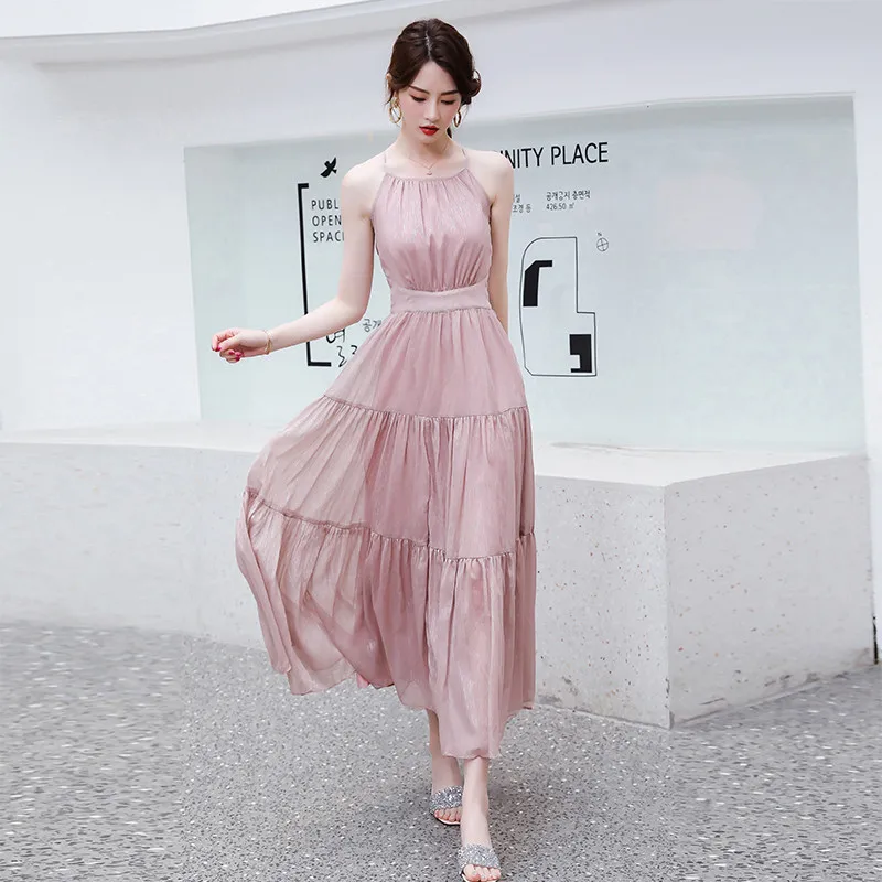 

Fashion Women Dress Summer Sleeveless Strap Sundress Slim Long Dress Female Chiffon Beach Party Dresses