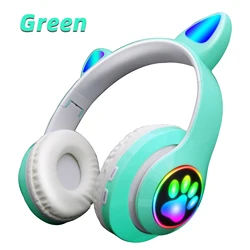 Charming Pink Cat Ear Wireless Headphones with Microphone - Foldable Stereo Earphones (Green B39C)