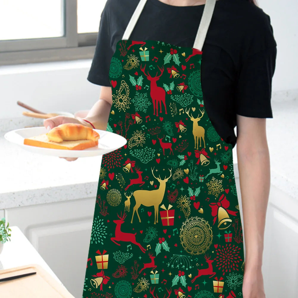Green Custom Linen Cooking Apron Dress Christmas Tree Gift Elk Child Kitchen Funny Kitchen Apron for Women Baking Accessories