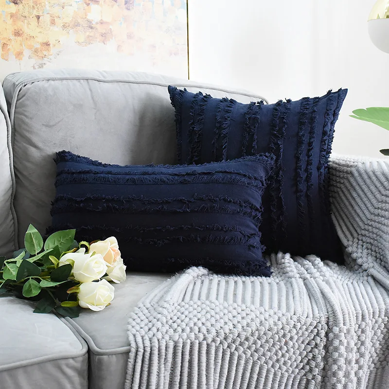 Dark Blue set of 2 Набор из 2 хлопковых и льняных чехлов, чехол для подушки в цветочек с кисточками, квадратный чехол для подушки, горчичный цвет, цвет слоновой кости, серый, хлопковая наволочка для дивана, кровати, дома - Цвет: Dark Blue set of 2