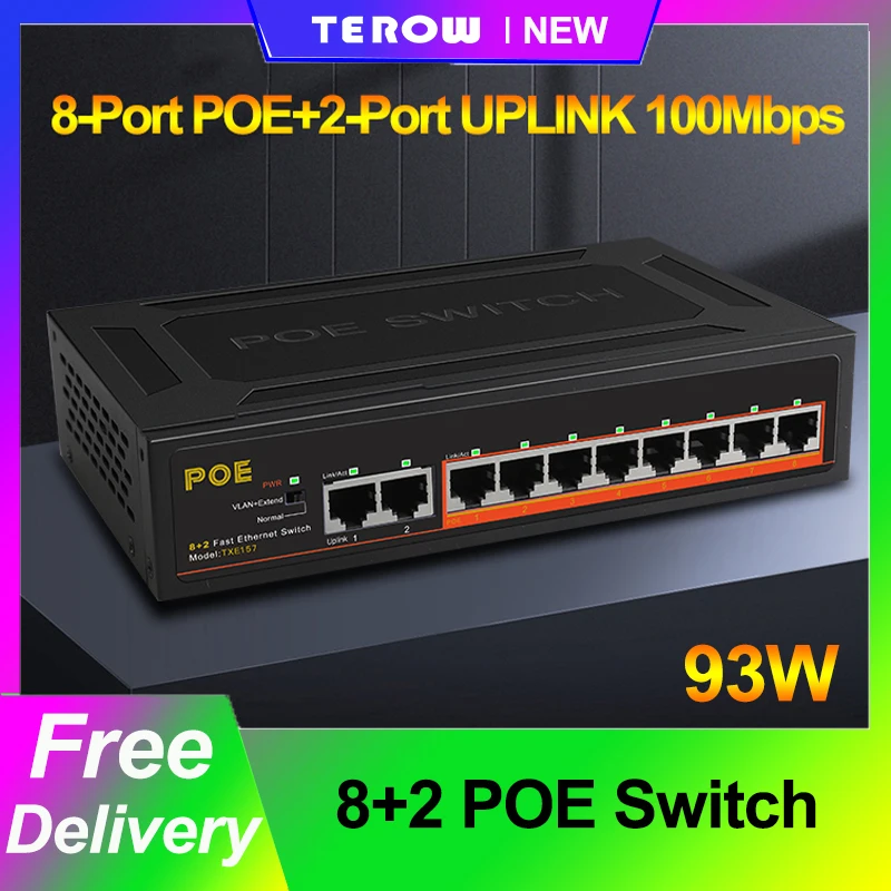 10-портовый коммутатор TEROW POE Fast Ethernet 8 + 2 коммутатора с внутренним питанием/защитой