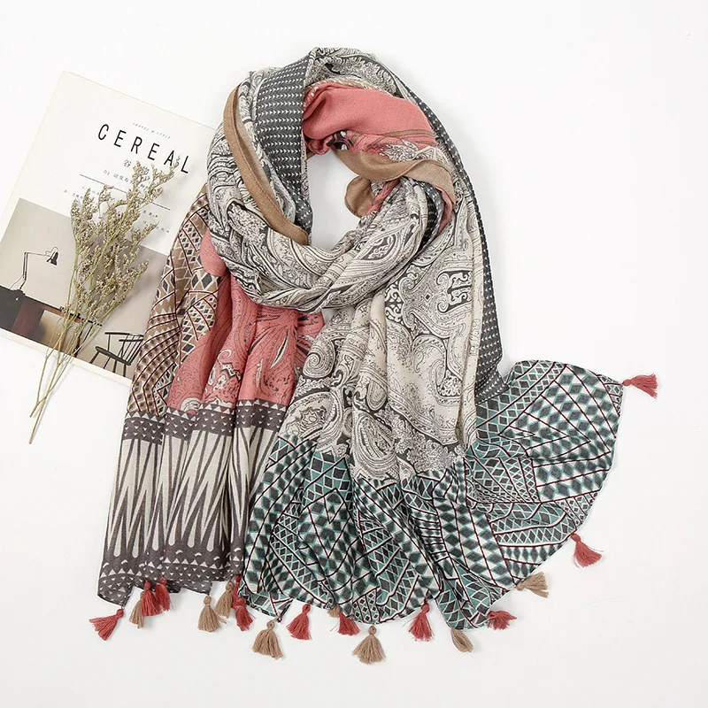 Women Fashion Aztec Cashew Floral Tassel Viscose Shawl Scarf Lady High Quality Wrap Pashmina Stole Bufanda Muslim Hijab 180*90Cm