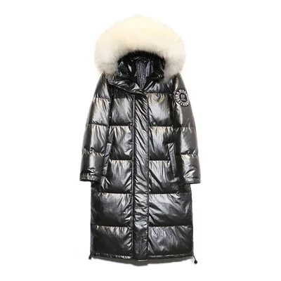Gray White Fur Пуховик женщина зима ГОРЯЧЕЕ Яркое лицо сбольшим меховым воротником капюшоном Теплый свободный длинный белый пуховик - Цвет: Gray White Fur