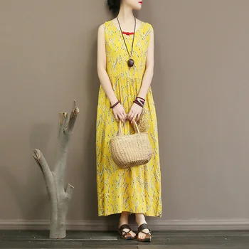 

Sleeveless dress summer thin floral slub cotton temperament waist length and ankle vest skirt dress inside