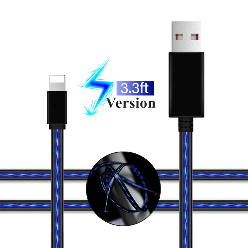 Провод для зарядки аккумулятора Видимый поток света USB зарядное устройство синхронизации данных кабель для iPhone XS Max XR X 8 7 6 6s Plus 5s шнур для телефона - Цвет: Black And Blue