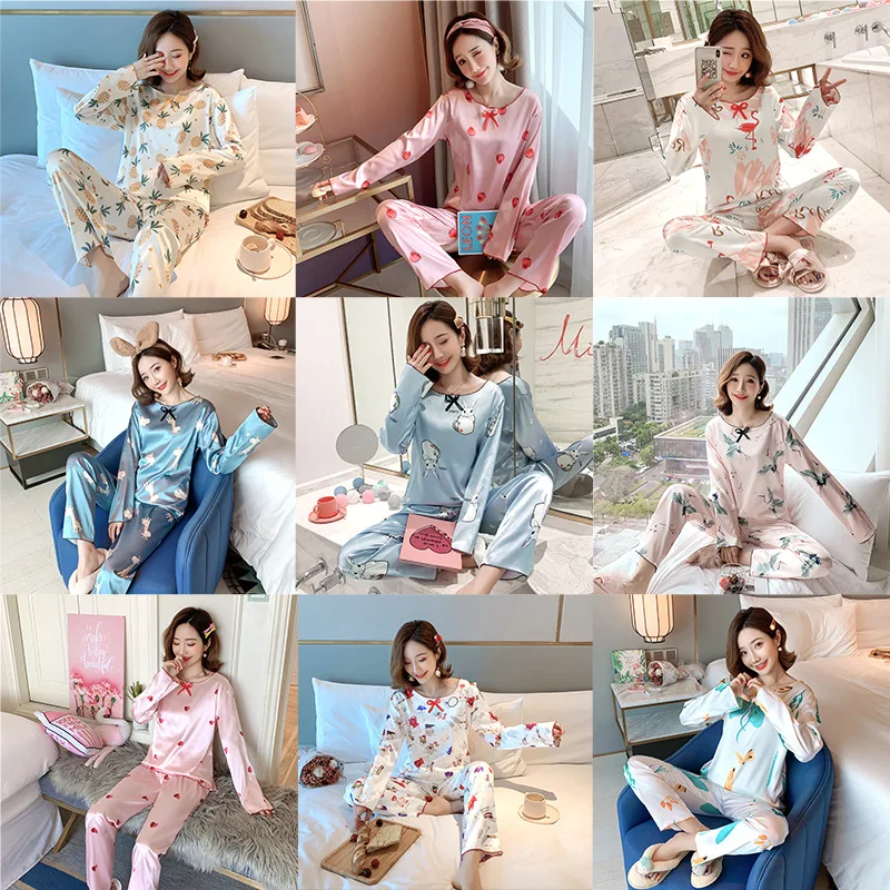 

Autumn New Style Viscose 9 Image Collection Long Sleeve Women Pajamas Imitated Silk Fabric Homewear Set