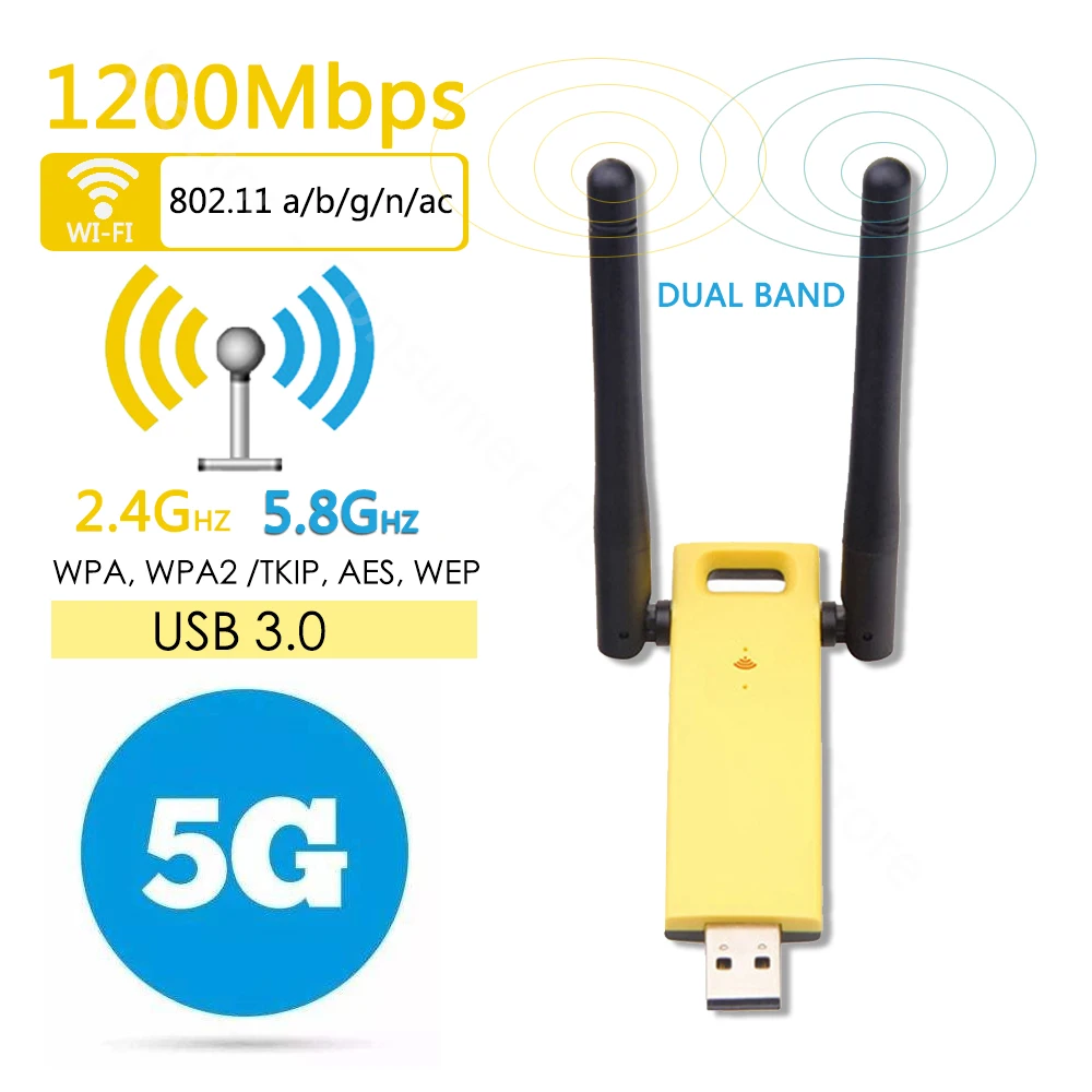 Мини USB 3,0 двухдиапазонный 1200 Мбит/с беспроводной WiFi сетевой адаптер 2,4 г/5 ГГц антенна USB Ethernet Lan Wifi ключ AC Wifi приемник