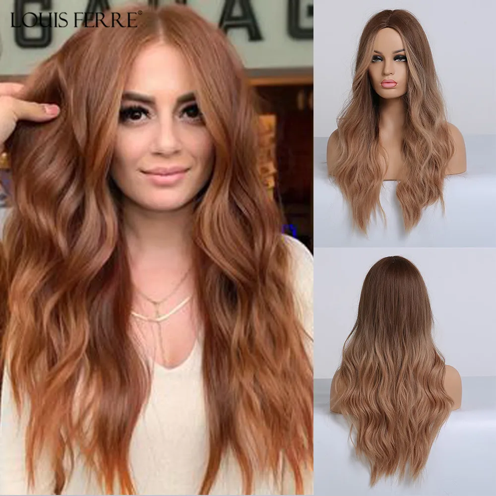 

LOUIS FERRE Long Wavy Ombre Brown Red Wig Synthetic Wigs for African American Women Highlight Natural Middle Part Wigs Cosplay