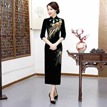 

Novelty Flower Female Chinese Dress With Bling Bead Hollow Out Sexy Cheongsam Classic Traditional Qipao Noble Vestidos Prom Gown