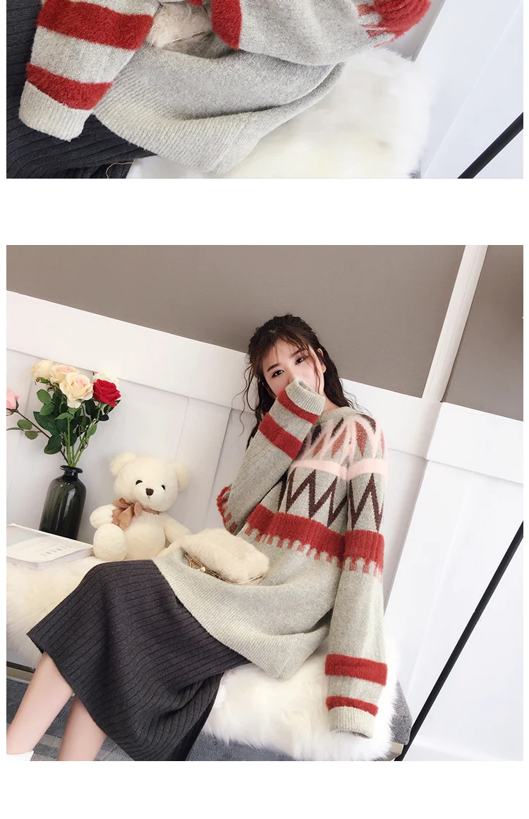Зимний длинный абзац свободный студенческий женский свитер полосатая голова Корейская версия толстого пальто осень новая зима