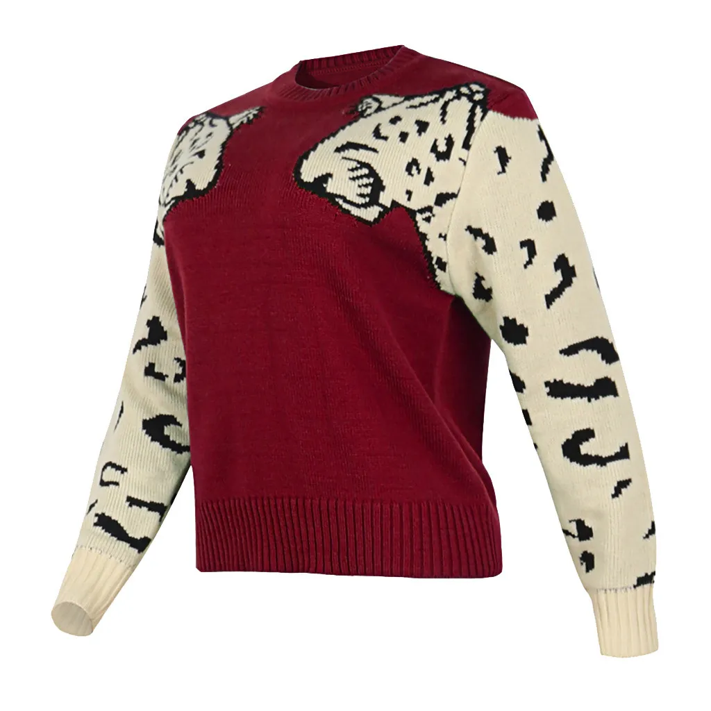 Jaycosin Fashion Women Simple Wild Animal Print Patchwork Sweater Stylish Long Sleeve Comfortable Casual Loose Top Blouse 928#4