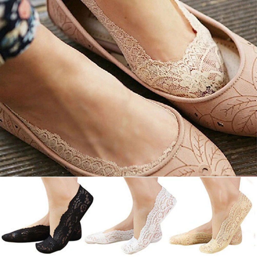 5 Pairs Fashion Low Mesh Invisible Socks Floral Thin Elastic Transparent Women Summer Lace Short Anti-slip Silicone Casual