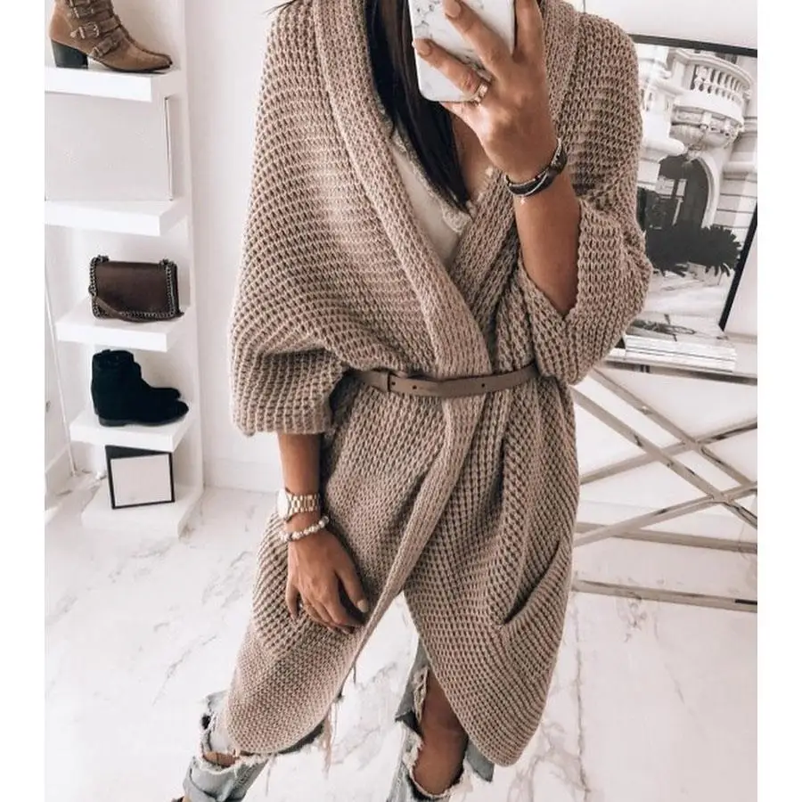 ^*Best Offers Solid Pointelle Open Front Pocket Longline Cardigan Women Long Loose Batwing Sleeve Sweaters